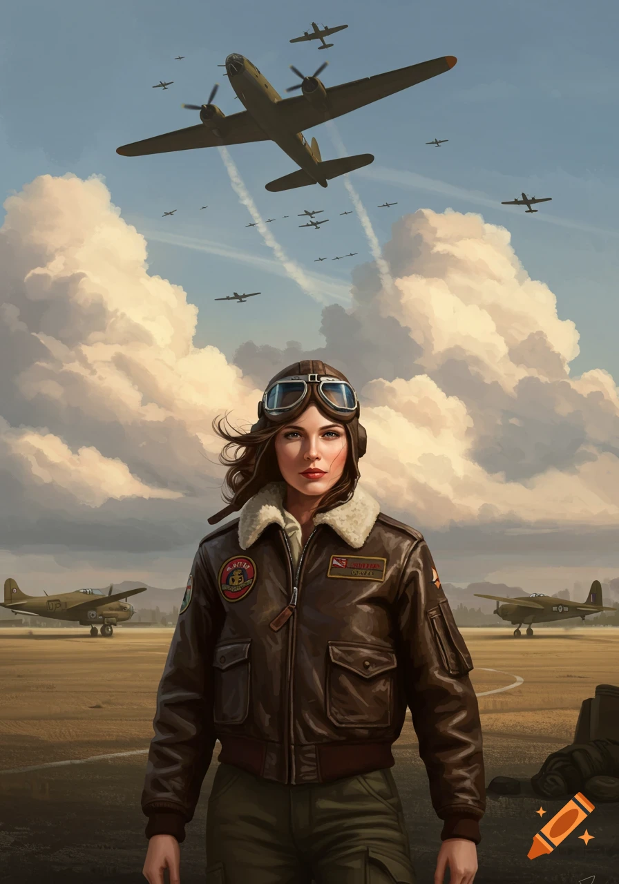An illustrated portrait of a female WW2 pilot in a leather jacket and goggles, standing on an airfield with bomber planes flying overhead.