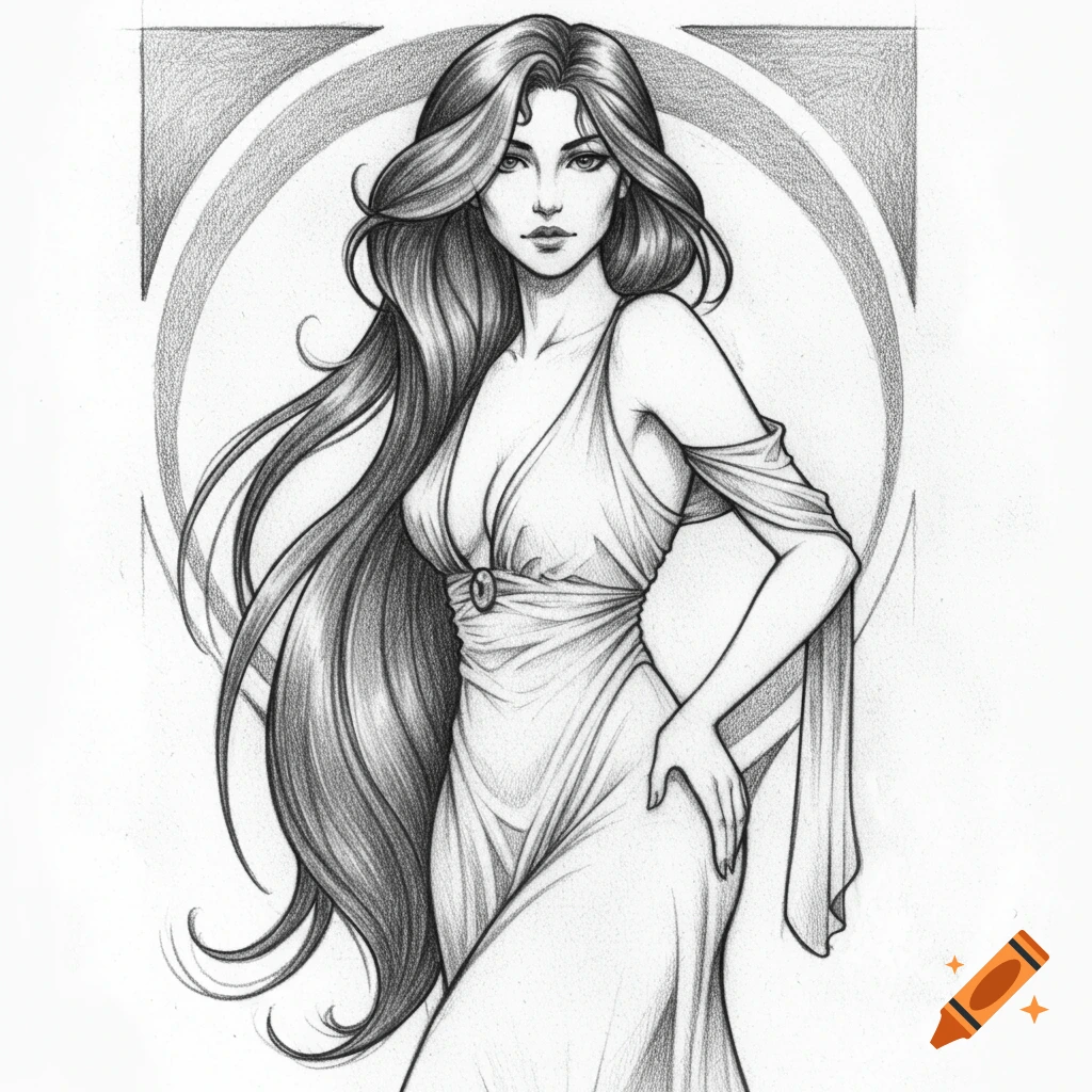 Black and white pencil sketch of a woman with long flowing hair in an elegant dress, in Art Nouveau style.