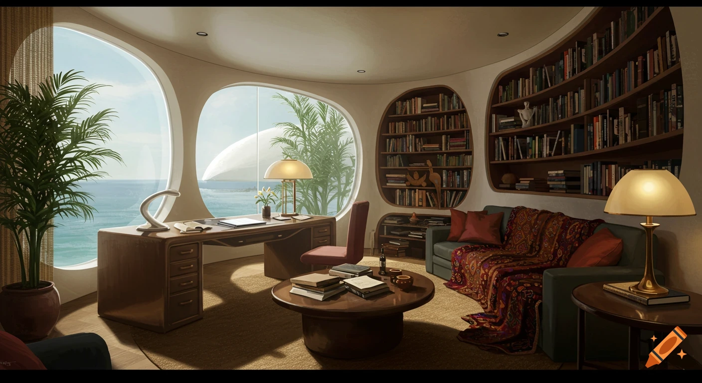 A modern study with large oval windows overlooking the ocean, built-in bookshelves, a wooden desk, and a cozy couch.