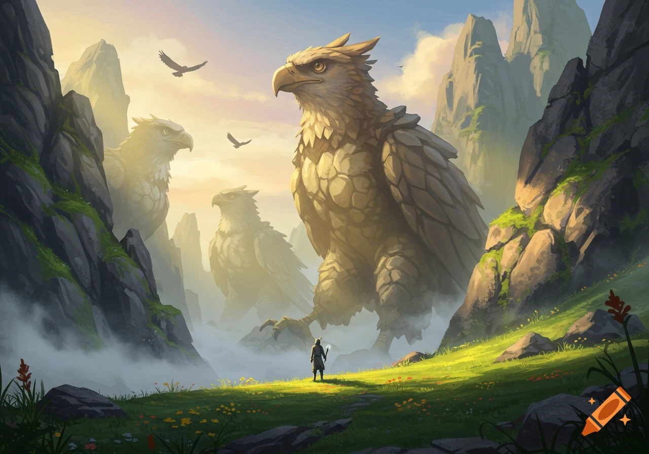 A small figure stands in a misty valley, looking up at colossal rock eagles resembling mountains, bathed in warm sunlight, digital painting.