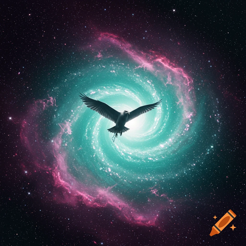 Dark bird flying towards a bright turquoise and pink spiral galaxy in a star-filled universe.