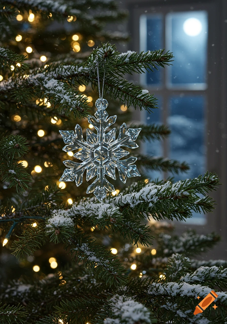 A crystal snowflake ornament hangs on a snow-dusted Christmas tree with lights, a snowy full moon visible through a window.
