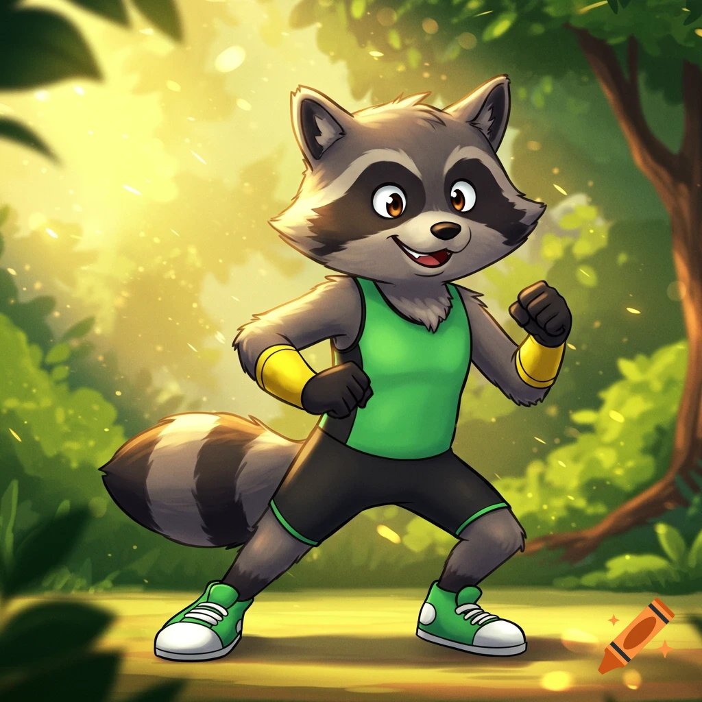 Cartoon raccoon in green singlet, black shorts, yellow armbands, and green sneakers poses in a sunny forest.