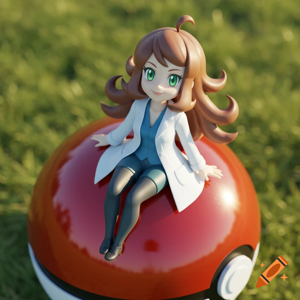 Chibi-style Dr. Aurea Juniper from Pok mon with brown hair and a lab coat, sitting on a large Pokeball in green grass.