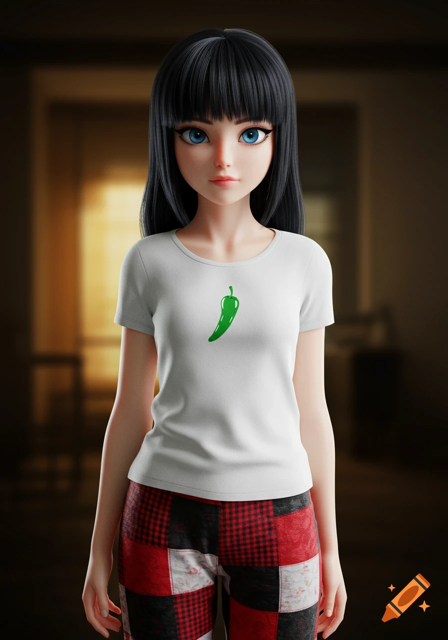 A 3D anime girl with black hair and blue eyes, wearing a white t-shirt with a green chili pepper and red, black, and white plaid pajama pants.