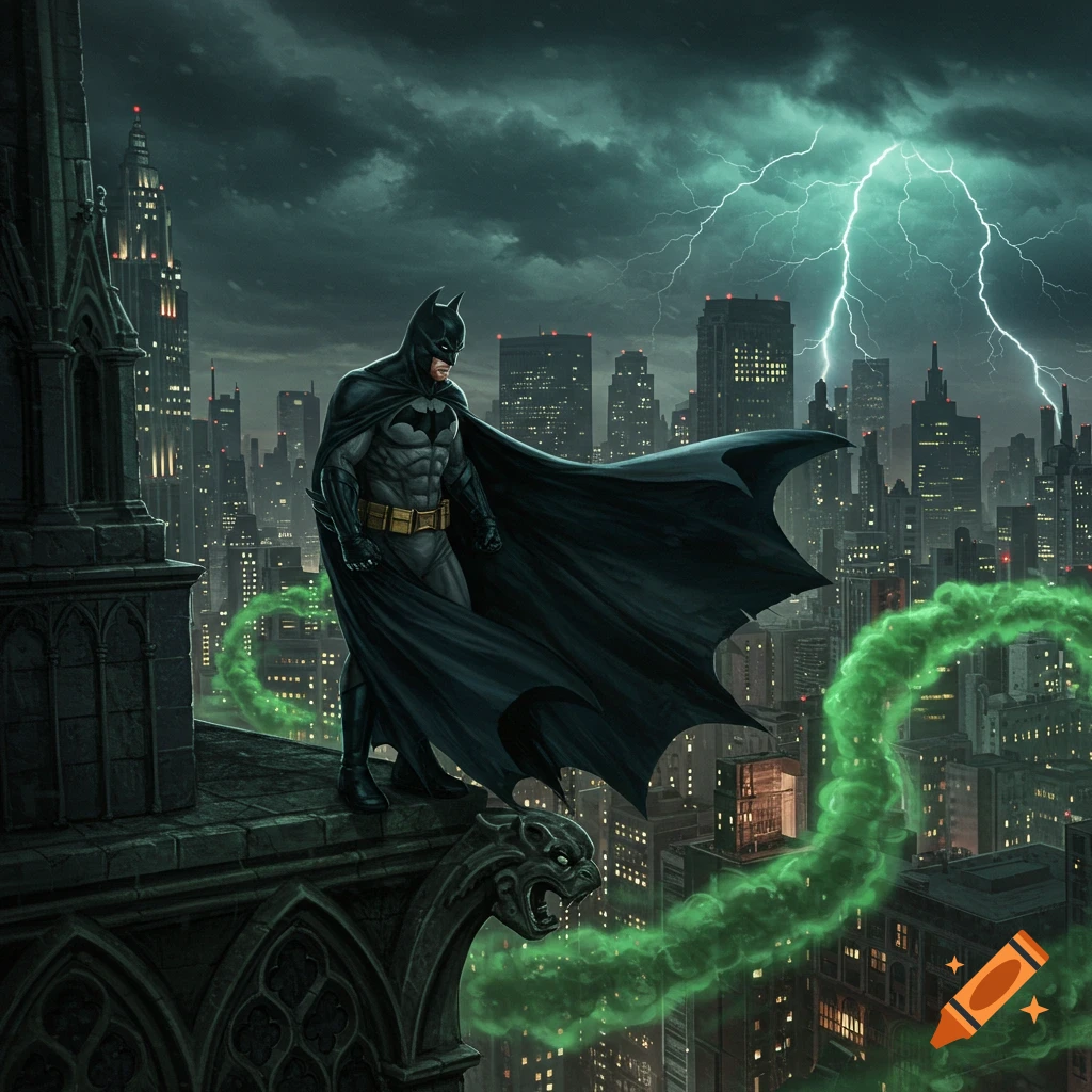 Batman stands on a gargoyle overlooking a dark Gotham City with lightning and green gas, in a comic book art style.