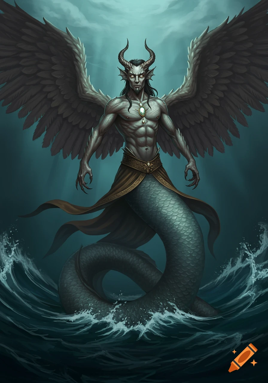 A dark fantasy illustration of a muscular merman-like creature with large feathery wings, horns, and a serpentine tail, emerging from dark ocean waves.