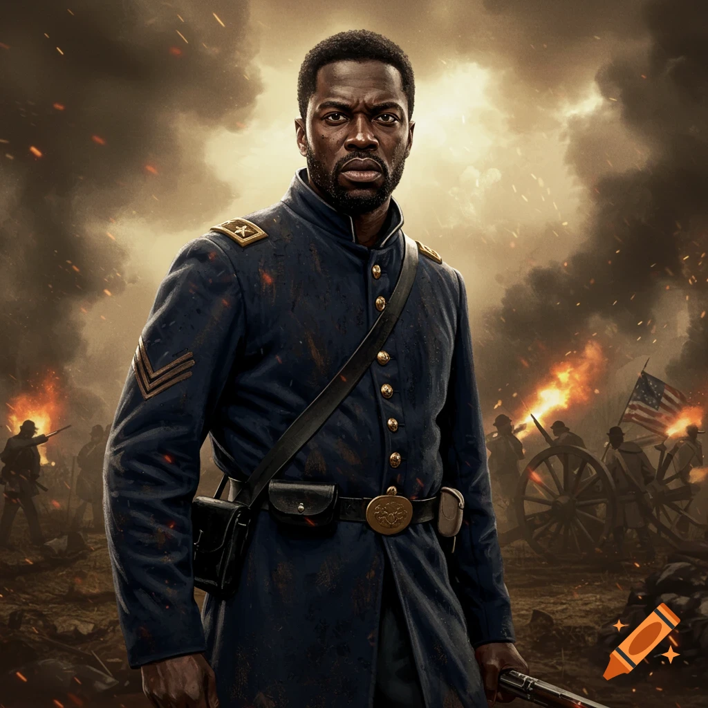 A determined Black Union soldier in a blue uniform stands amidst a fiery Civil War battlefield.