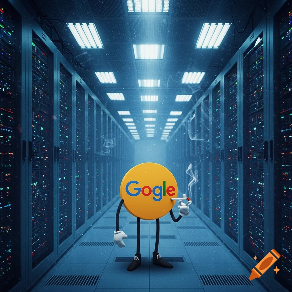 A cartoon Google logo character, with arms and legs, stands in a brightly lit datacenter hallway, smoking a cigarette.