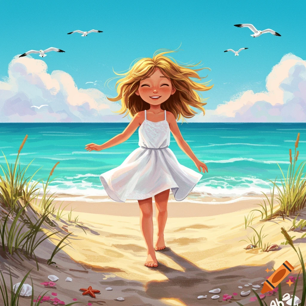 Happy cartoon girl with blonde hair in a white dress runs on a sunny beach with ocean and seagulls in the background.