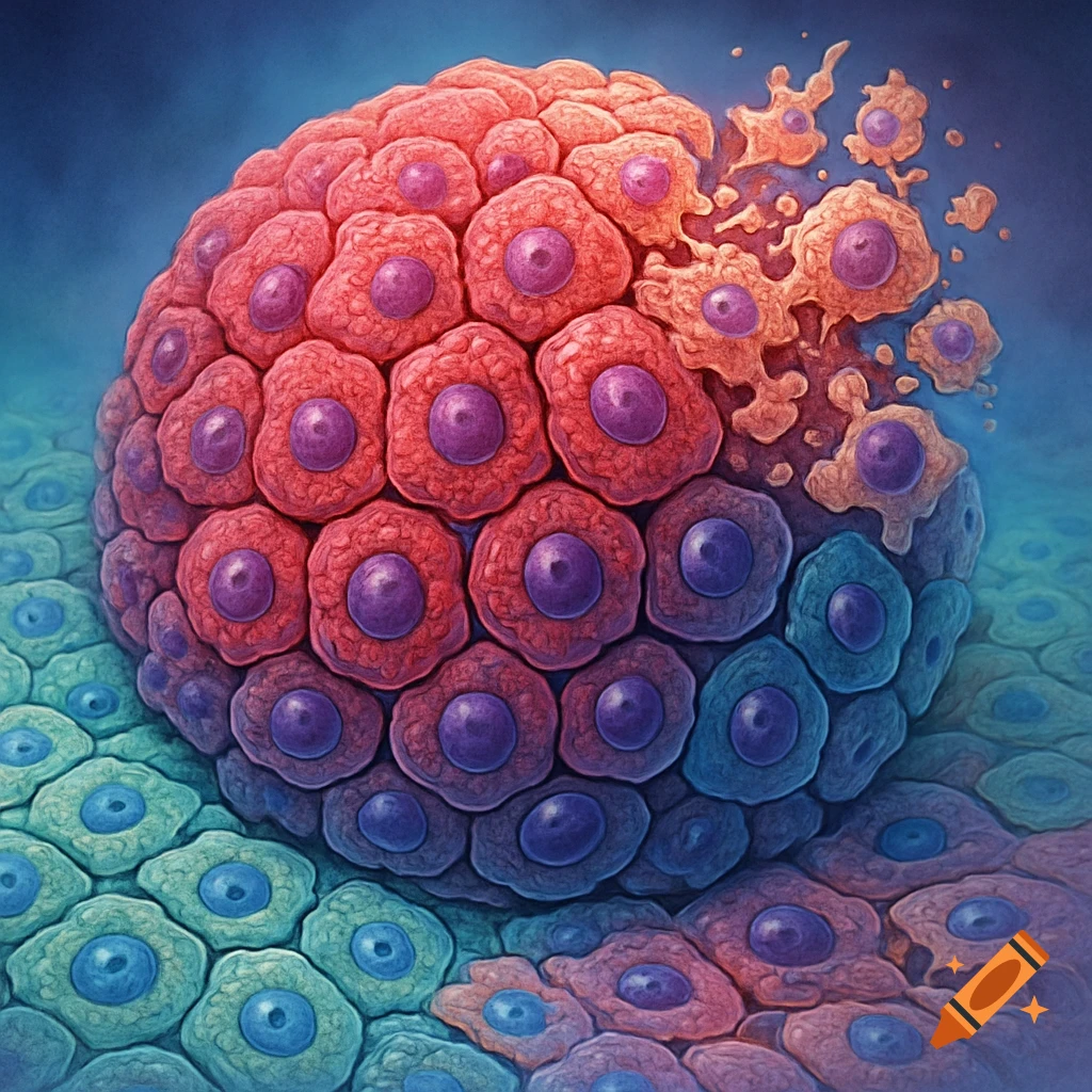 Microscopic illustration of a tumor showing a cluster of healthy and dying cells, with red, purple, blue, and orange cellular structures.