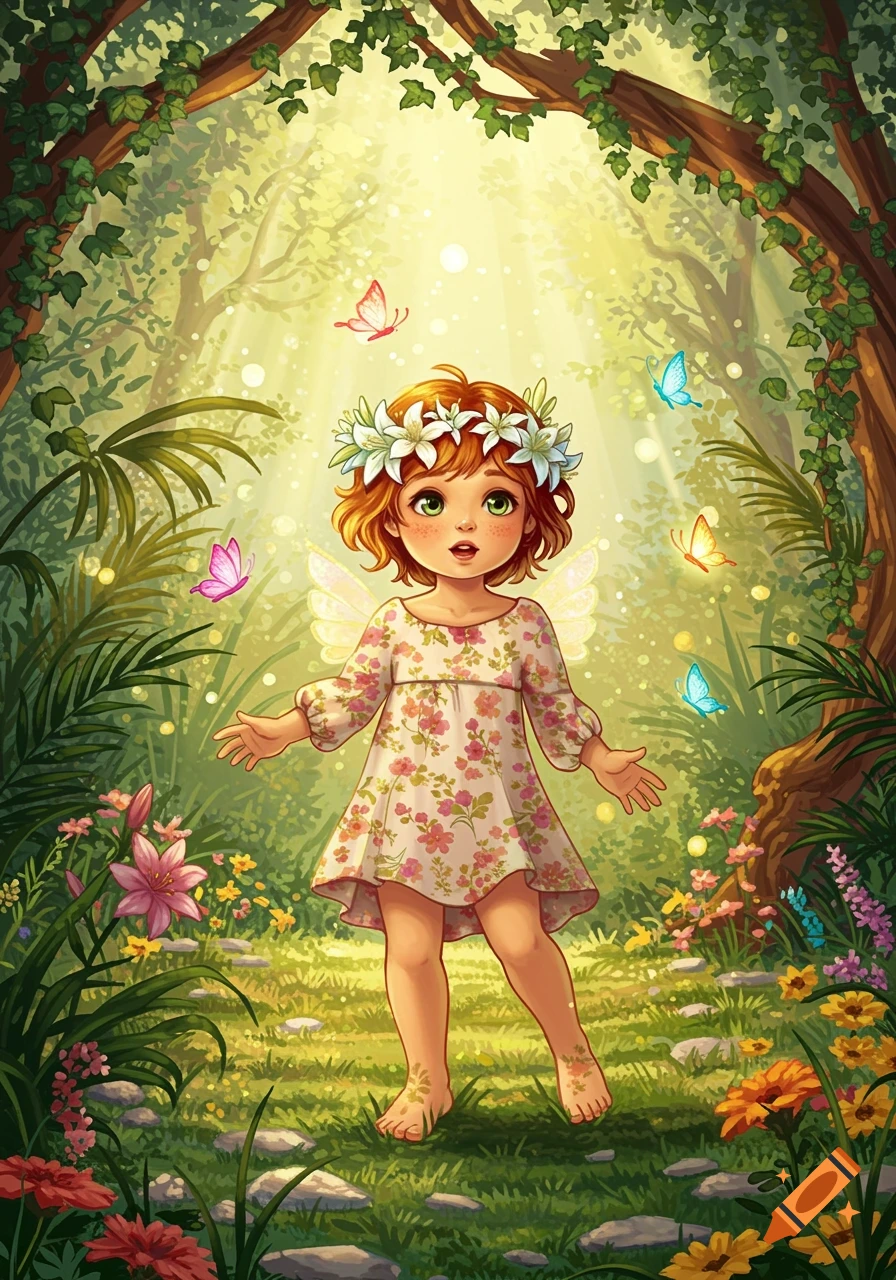 A red-haired fairy child with a flower crown and wings stands in a sunlit, magical forest with butterflies, in an illustrated style.