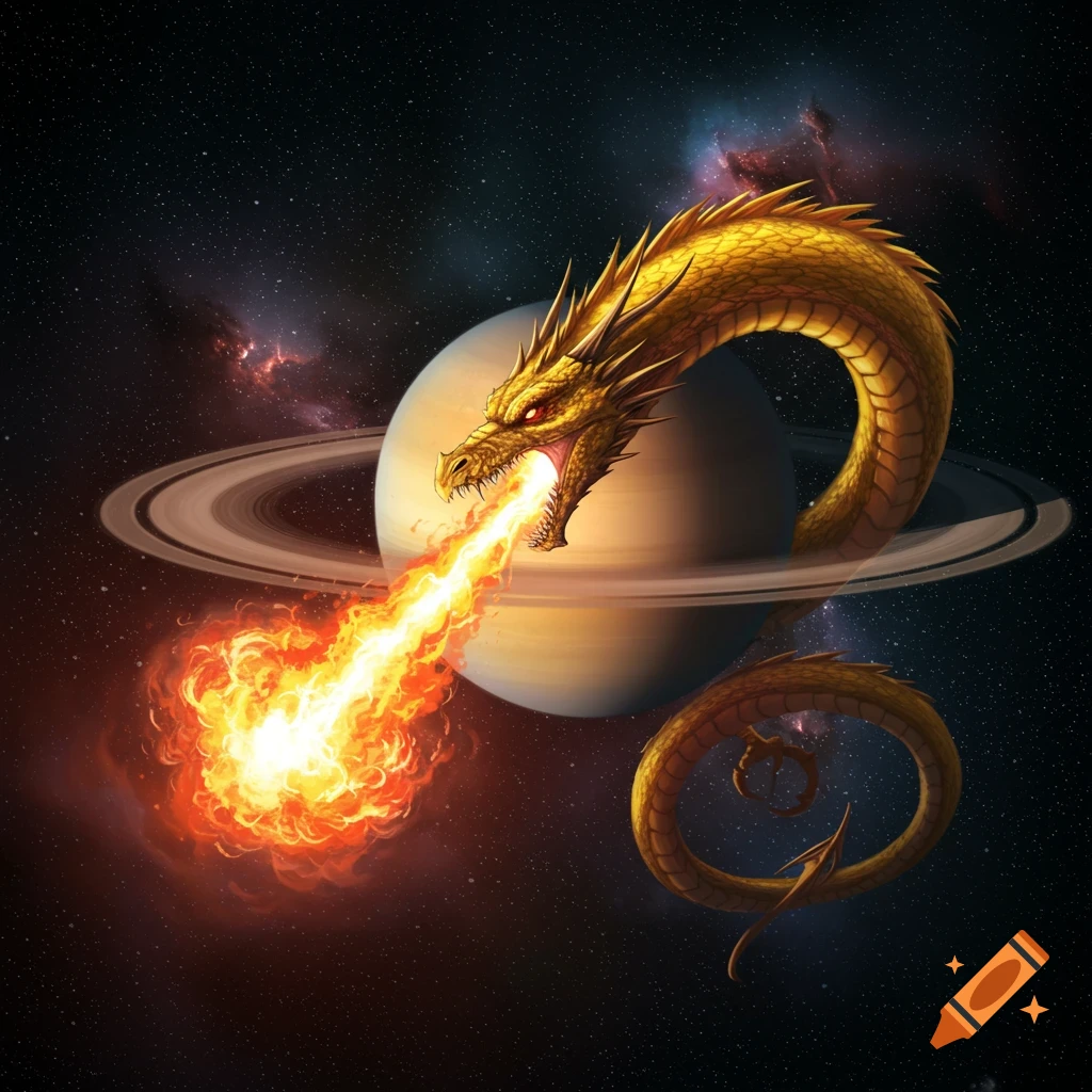 A golden dragon with red eyes breathes fire while coiling around the planet Saturn in deep space with nebulae.