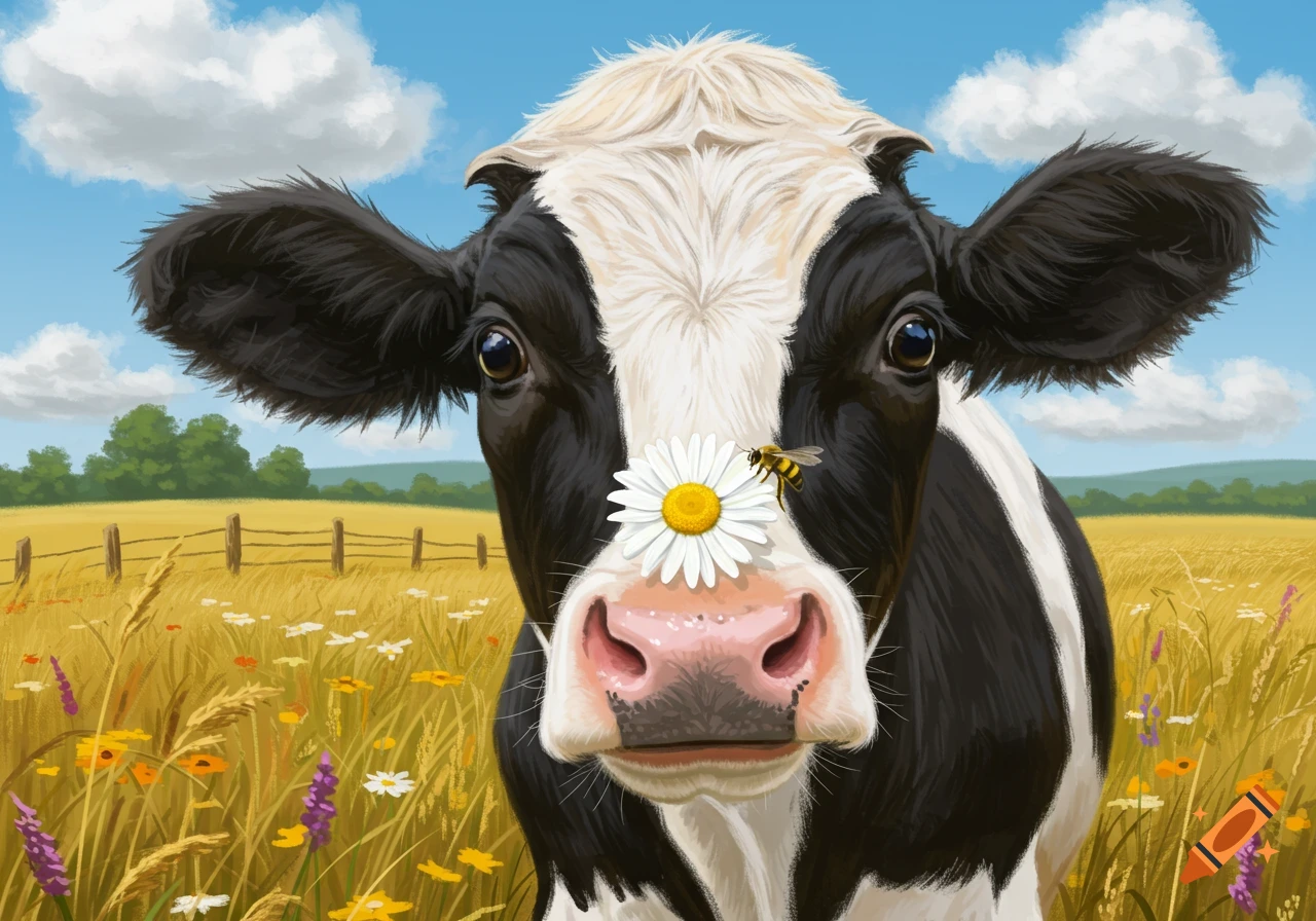 Illustrated black and white cow with a daisy on its nose and a bee, in a sunny field of wildflowers.