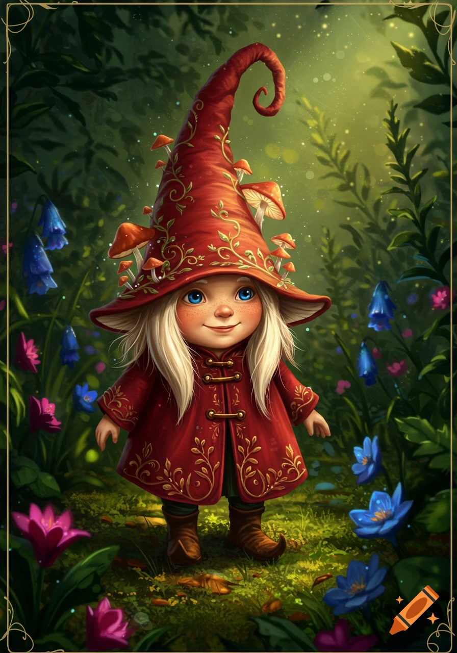 A whimsical gnome child with long blonde hair, a red mushroom hat, and a matching red coat stands in a magical forest.