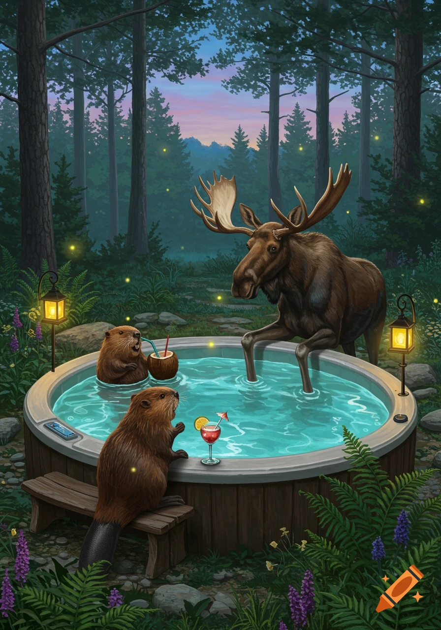 A moose and two beavers in a forest enjoy a hot tub. One beaver drinks from a coconut, another sips a cocktail, and the moose wades in the water.