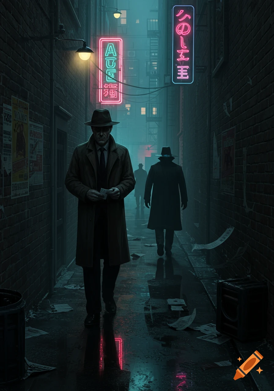 Two men in trench coats and fedoras walk down a dark, wet alley illuminated by glowing neon signs, in a neo-noir style.