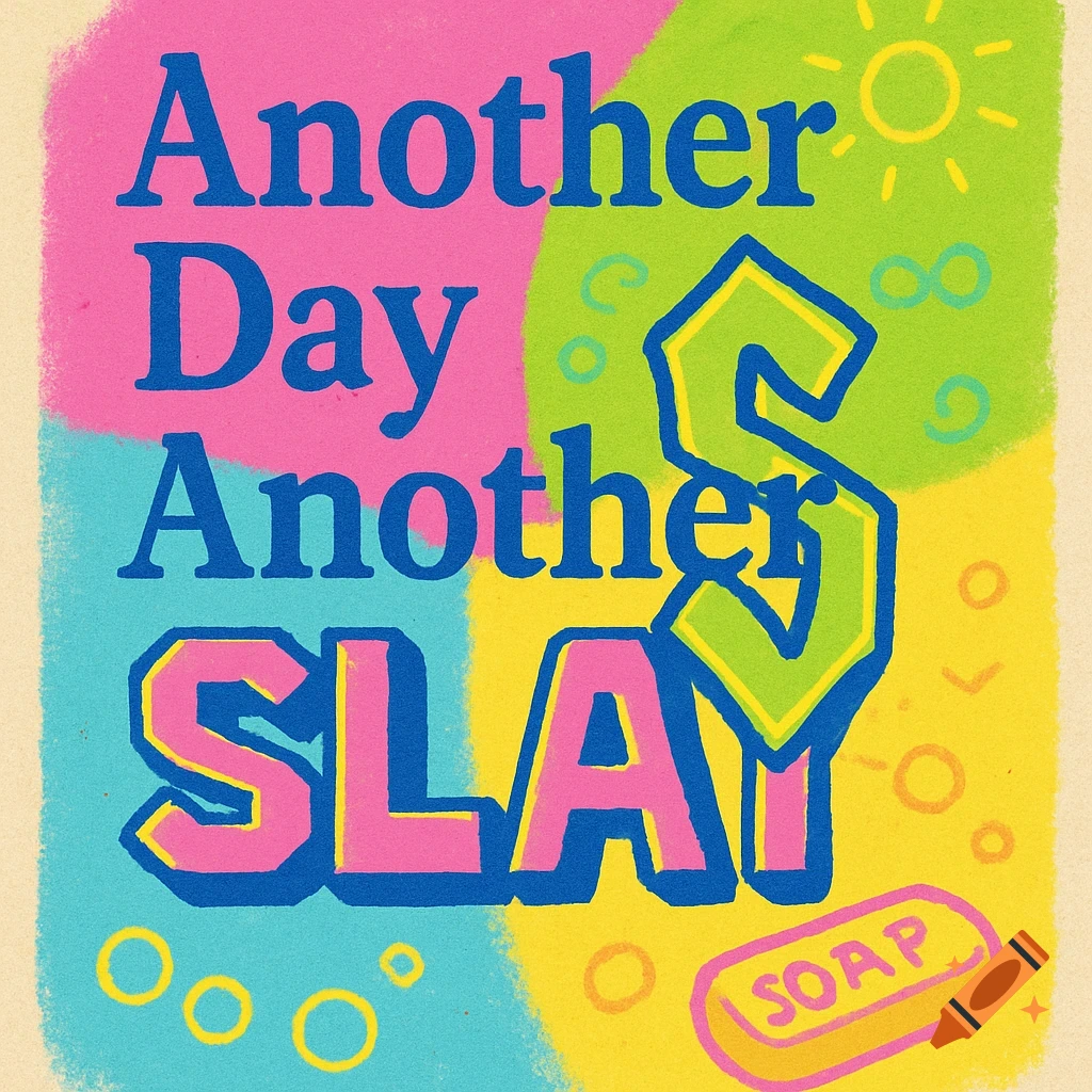 Colorful 90s graphic design with text 'Another Day Another Slay' and a small soap bar icon.