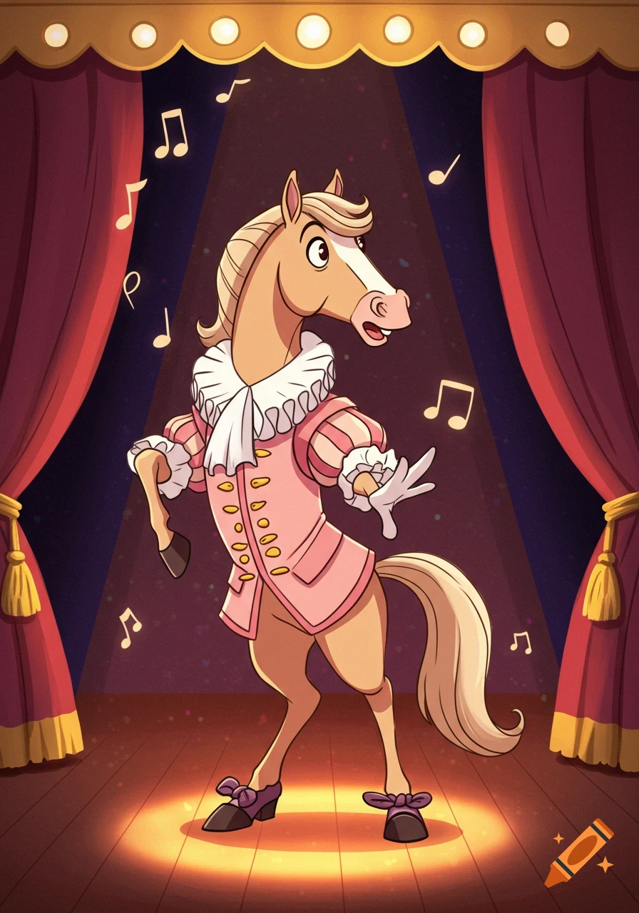 A cartoon horse dressed in a pink ruffled jacket and high heels dances on a spotlighted stage with red curtains and musical notes.