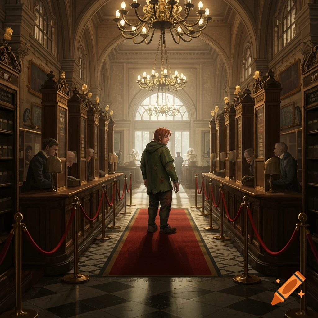 A red-haired man in tattered green clothing stands in the center of a grand, ornate bank, looking towards a large arched window. Counters with tellers line both sides of a red carpeted aisle, under sparkling chandeliers.