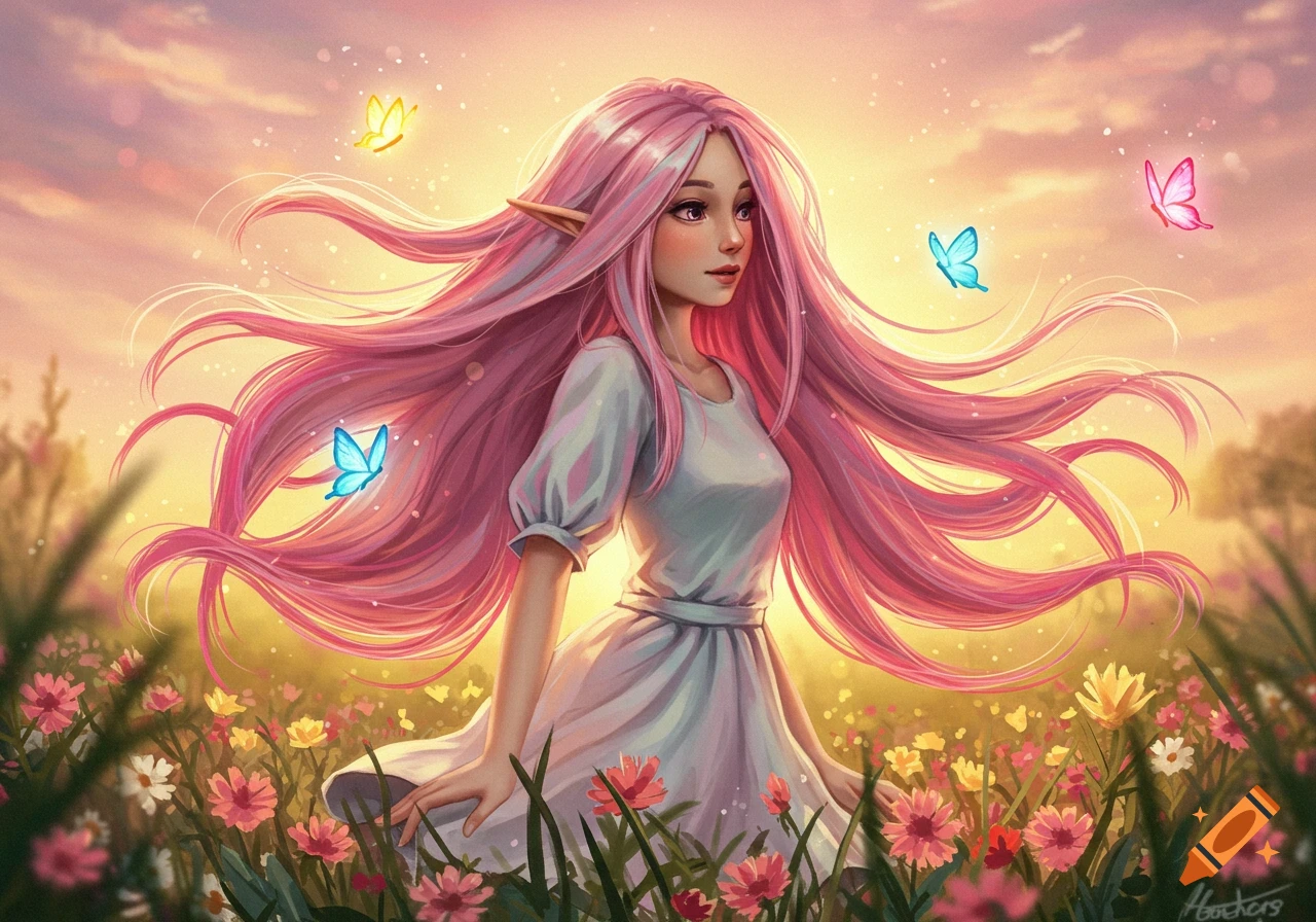Digital painting of an elf girl with long pink hair standing in a field of colorful flowers at sunset with butterflies.