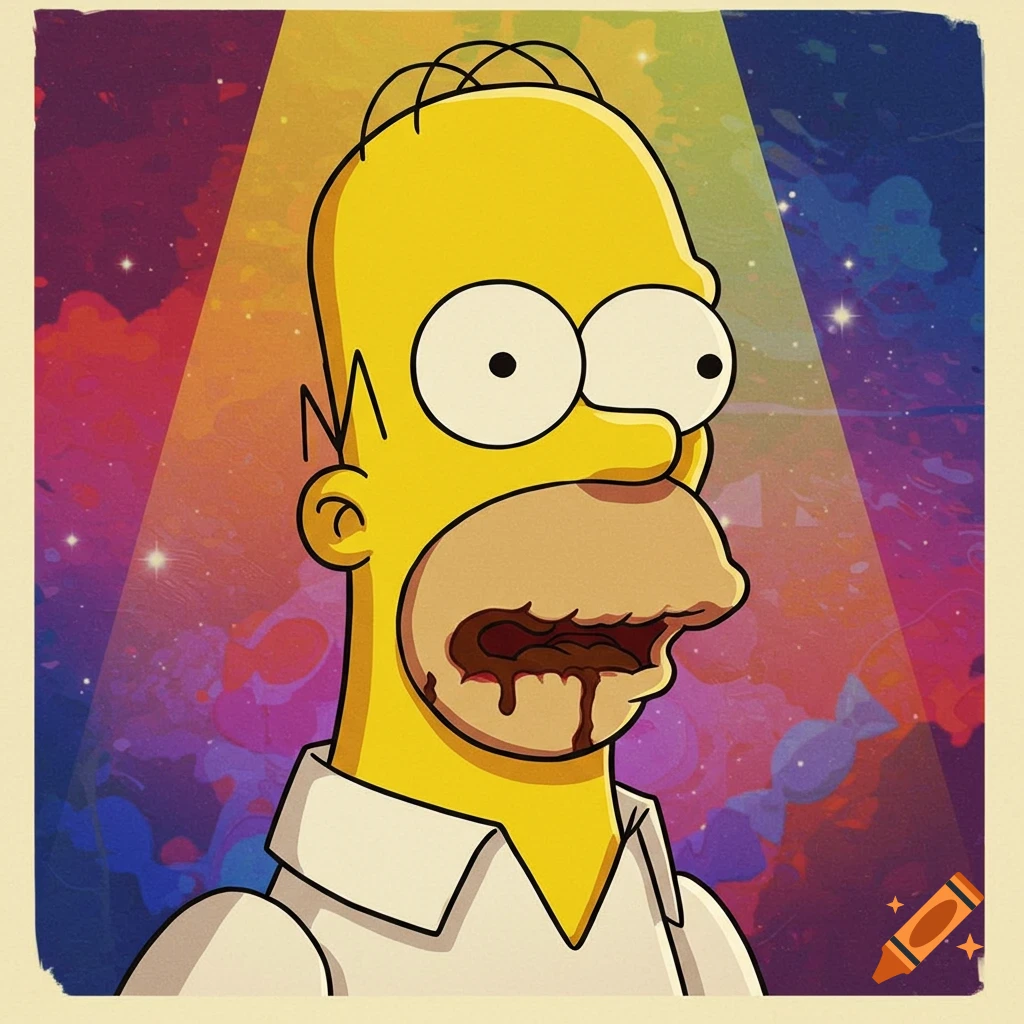 Cartoon Homer Simpson with a messy brown substance around his open mouth, looking surprised against a vibrant, cosmic background.