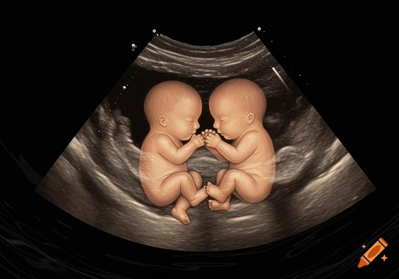 A stylized sonogram showing two fraternal twin boys inside a womb, holding hands.