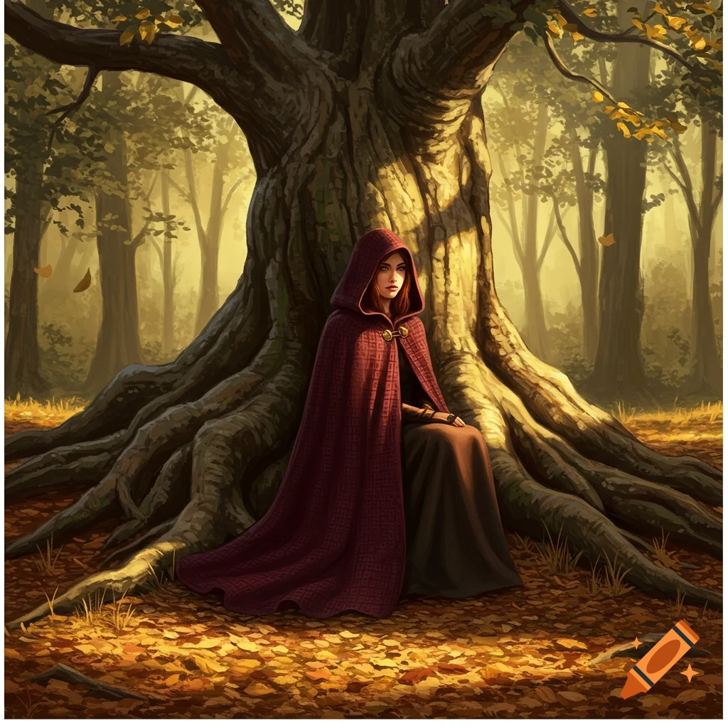A woman in a red hooded cape sits by a large, gnarly tree in a sun-dappled autumn forest. Digital art.
