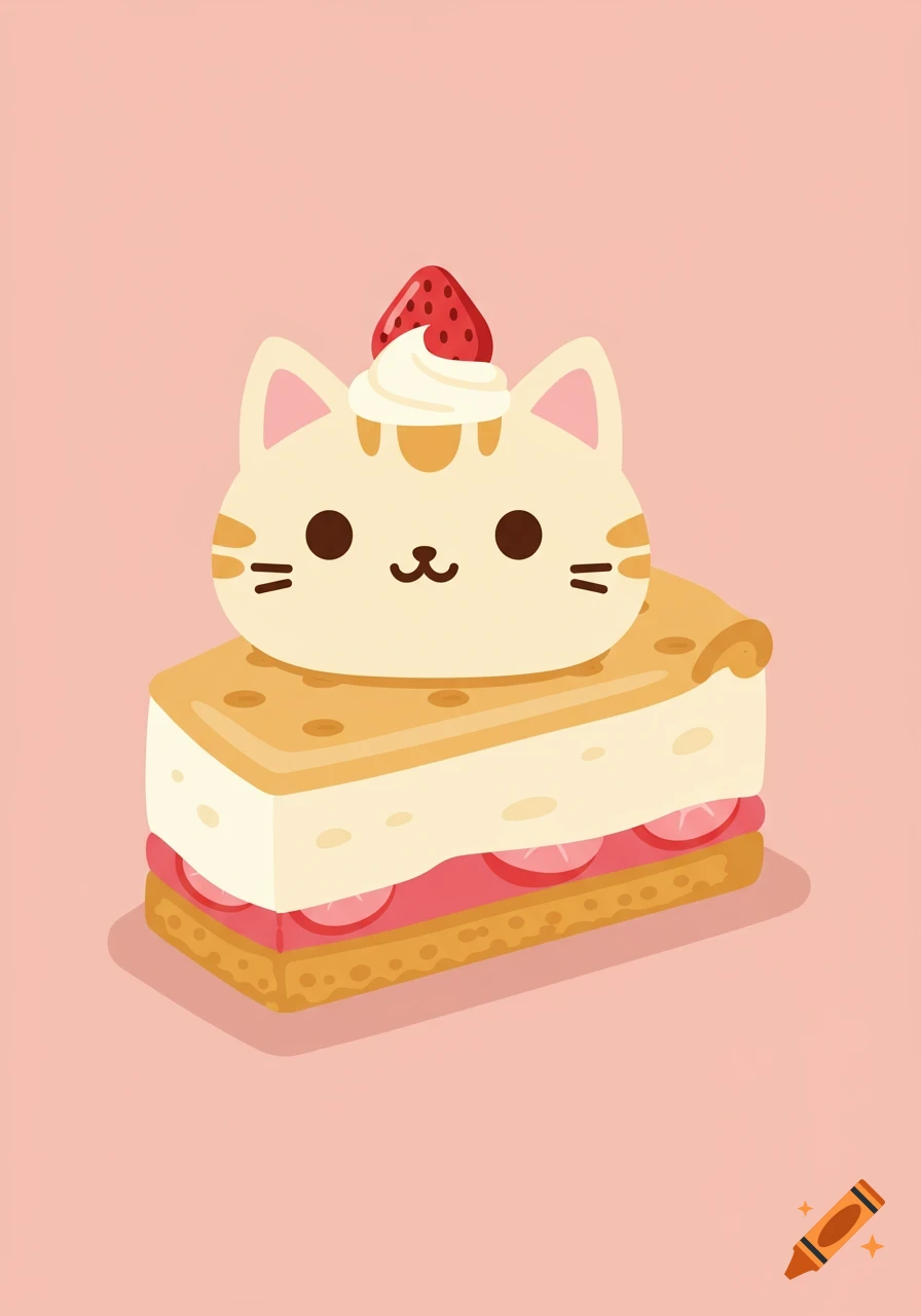 A cute, stylized illustration of a cat's head on a slice of strawberry cheesecake against a pink background.