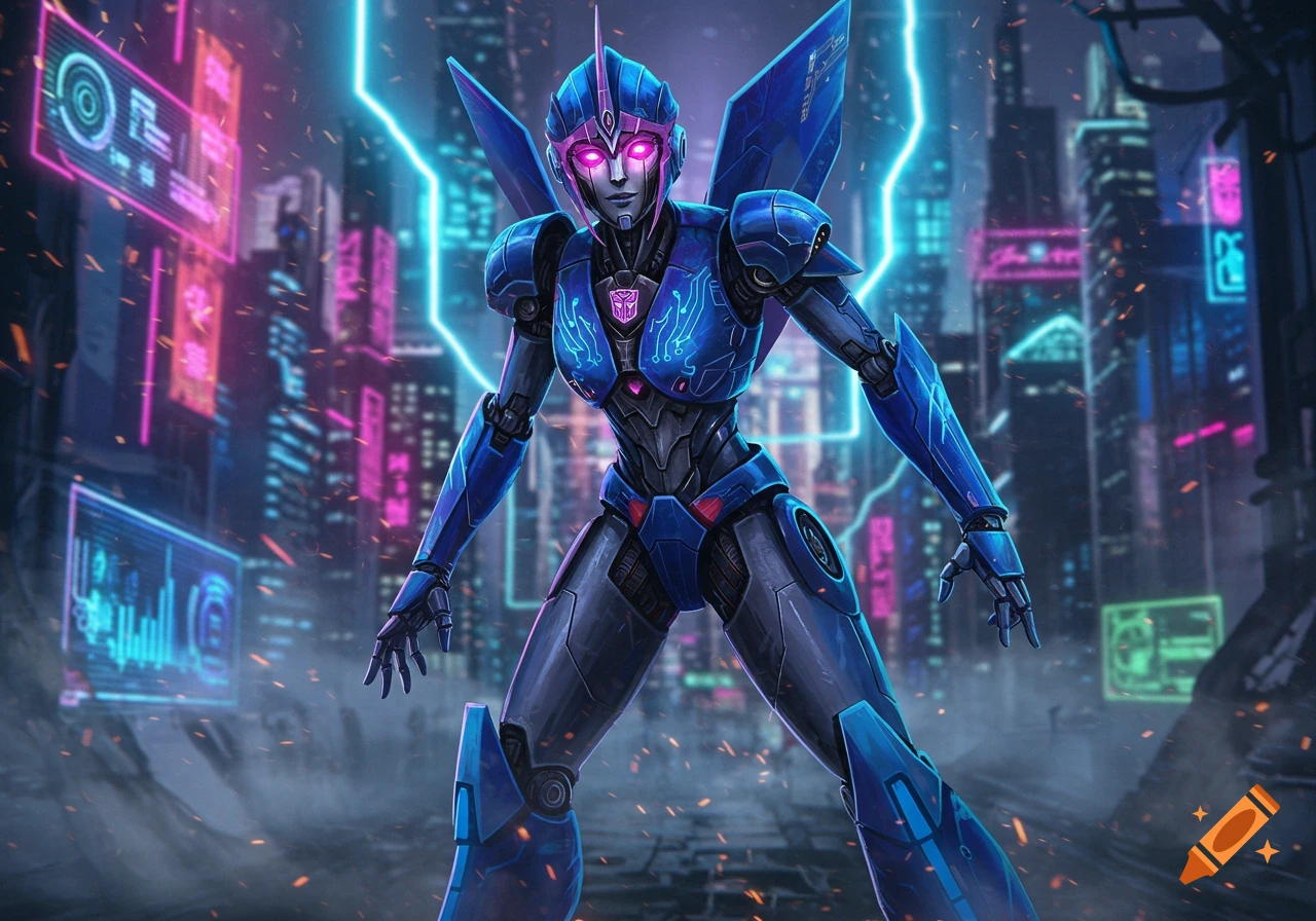 Arcee, a blue and purple female Transformer robot, stands in a neon-lit cyberpunk city with glowing digital displays.