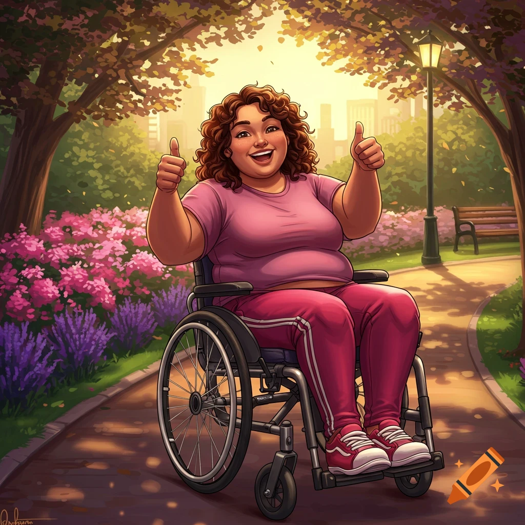 Cartoon illustration of a happy woman in a wheelchair giving thumbs up on a sunny park path with flowers.