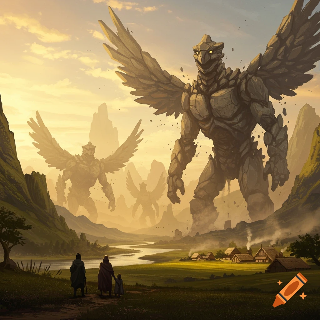 Giant winged rock monsters tower over a small village and humans in a golden-lit valley with a river, fantasy art style.