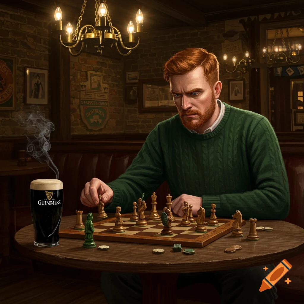 A serious red-haired man in a green sweater plays chess at a wooden table in a dimly lit pub, with a pint of Guinness and rising smoke.