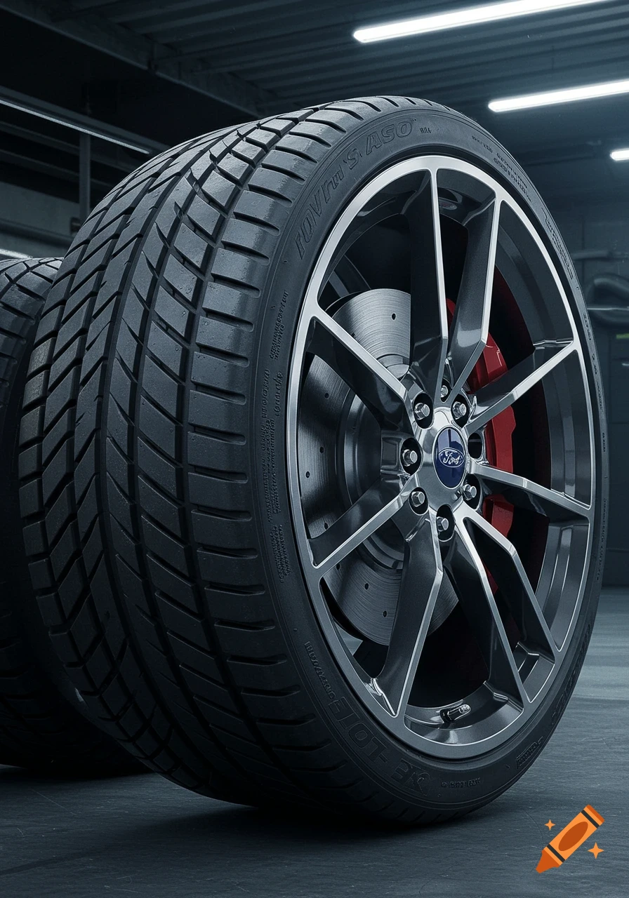 Close-up of a photorealistic dark grey car tire and multi-spoke rim with a red brake caliper, set in a dark garage.