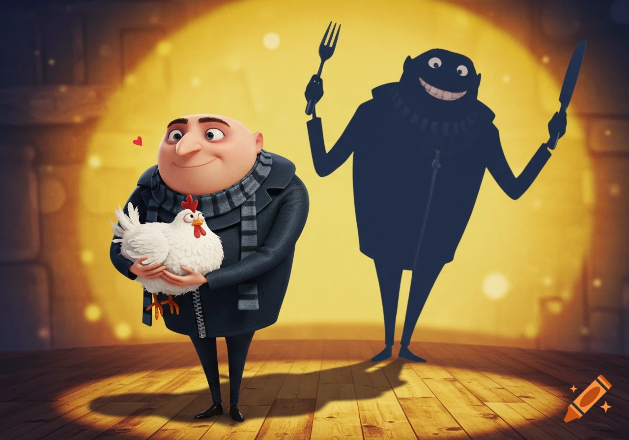 Animated Gru holding a white chicken and smiling fondly, while his shadow behind him smiles mischievously and holds a fork and knife.