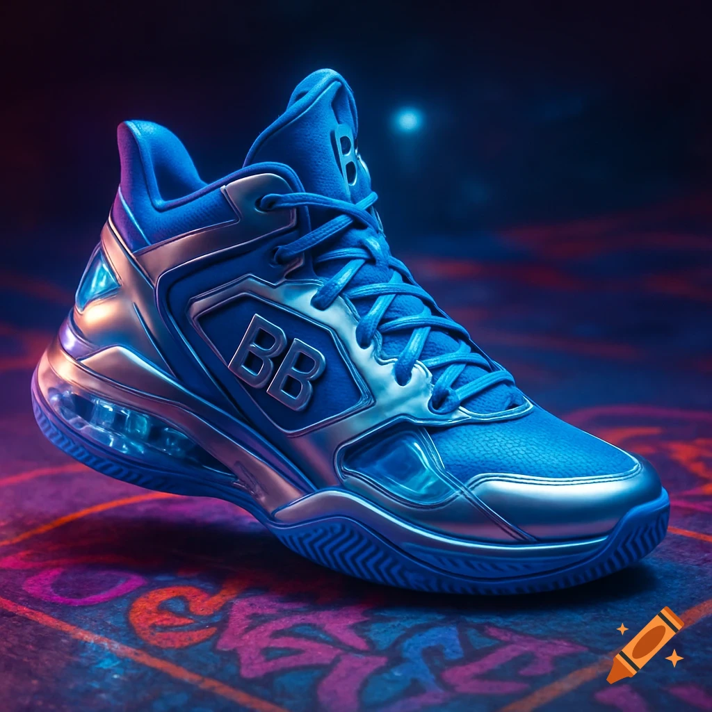 A vibrant blue and metallic silver basketball shoe with 'BB' branding, floating over a neon-lit, graffiti-covered surface.