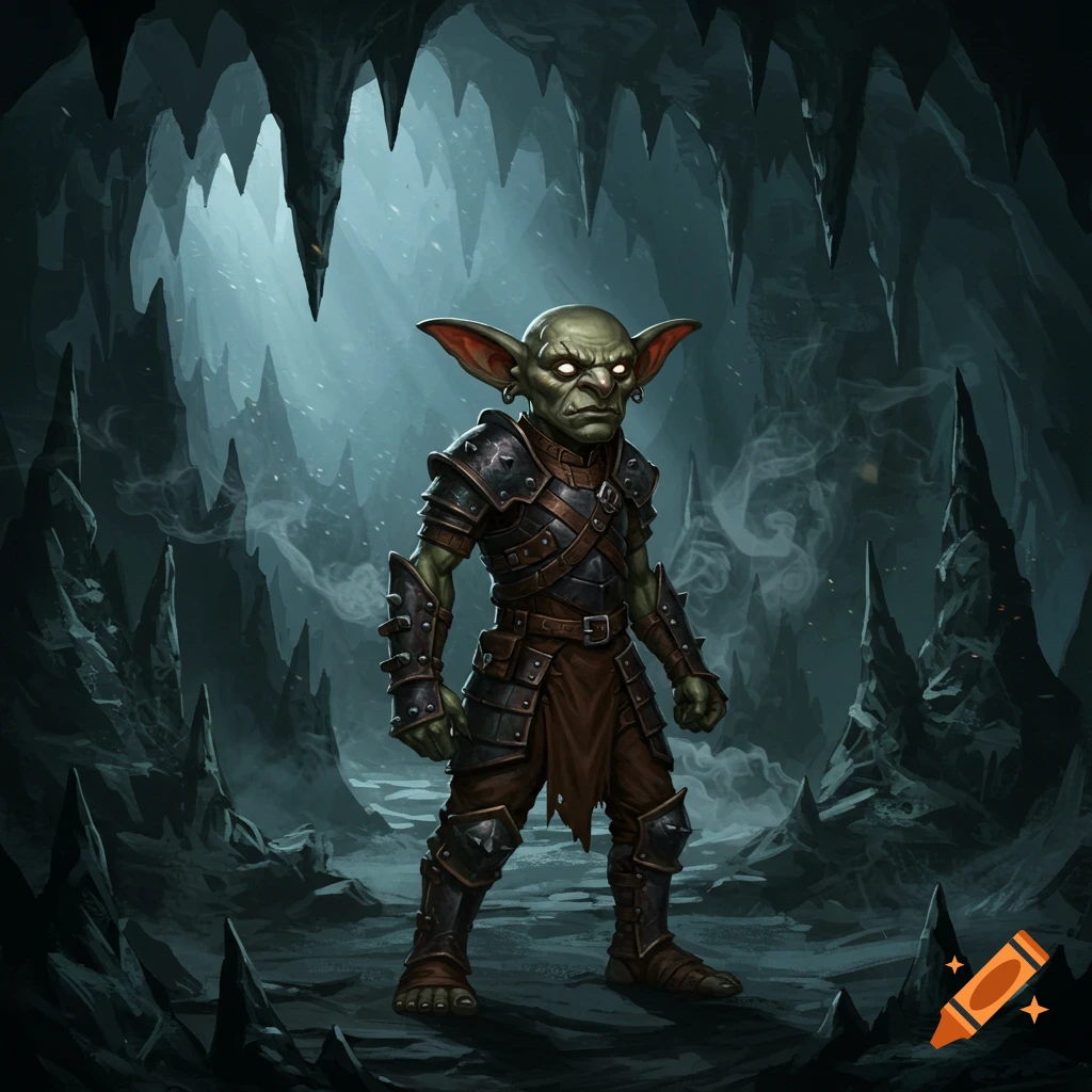 A fierce-looking goblin with ashen skin and large ears, wearing leather armor, stands in a dimly lit cave.