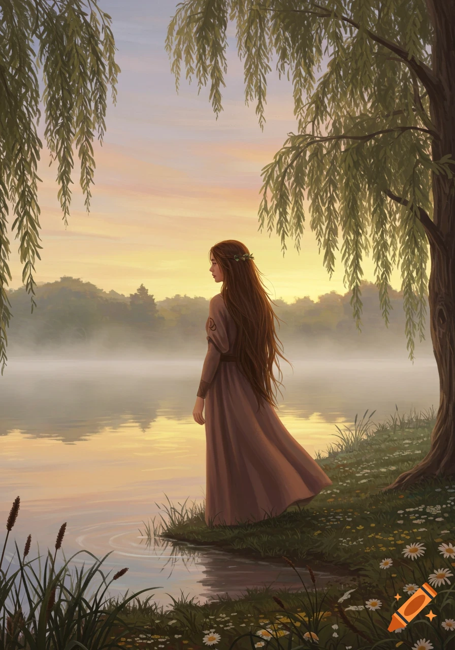 An illustration of a woman with long brown hair standing by a misty lake under a weeping willow tree at sunset.