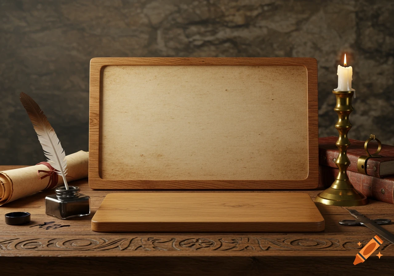 A vintage medieval desk with a blank wooden board, quill, ink, scrolls, and a lit candle on a brass holder.