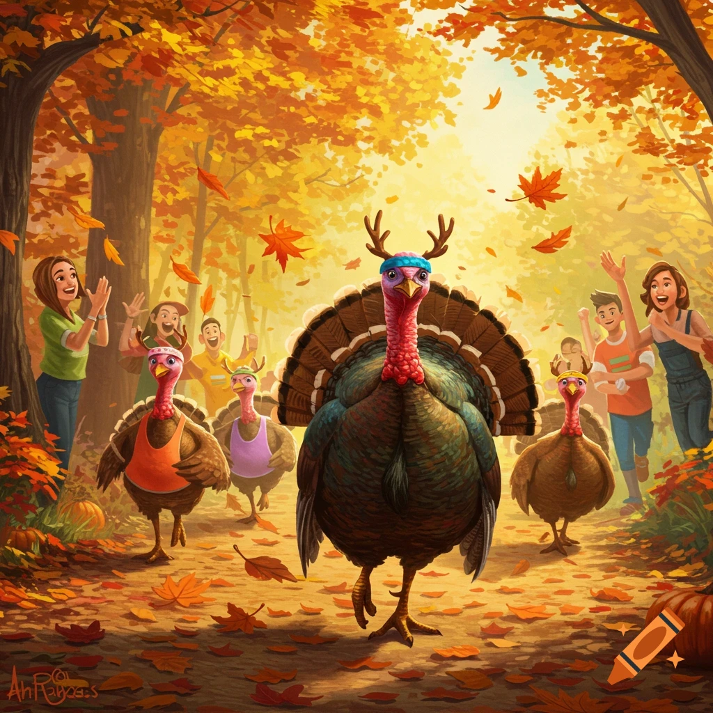 Colorful illustration of turkeys in headbands trotting through an autumn forest with cheering people and falling leaves.