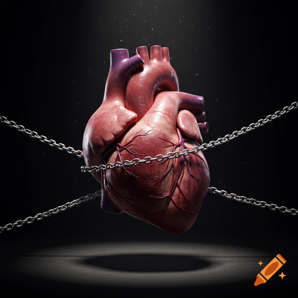 Realistic human heart bound by metal chains, dramatically lit against a dark background.