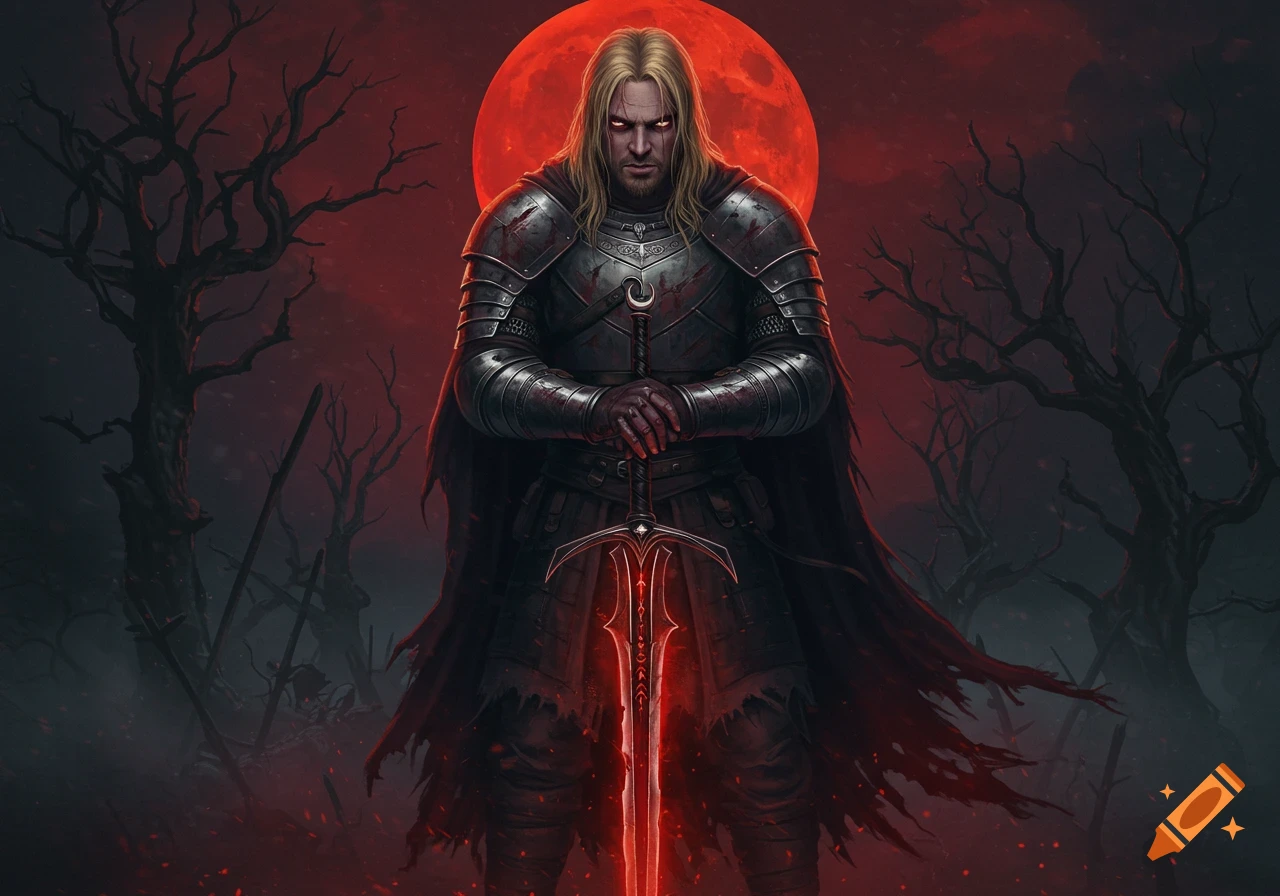 A brooding blonde warrior in dark armor holds a glowing red sword, standing in a dead forest under a blood-red moon, dark fantasy digital painting.