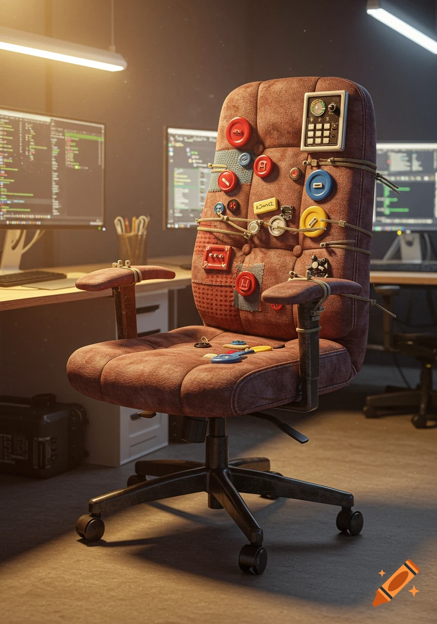 Photorealistic image of a brown office chair retrofitted with large colorful buttons and a small calculator attached by zip ties, in a dimly lit office with computer monitors in the background.