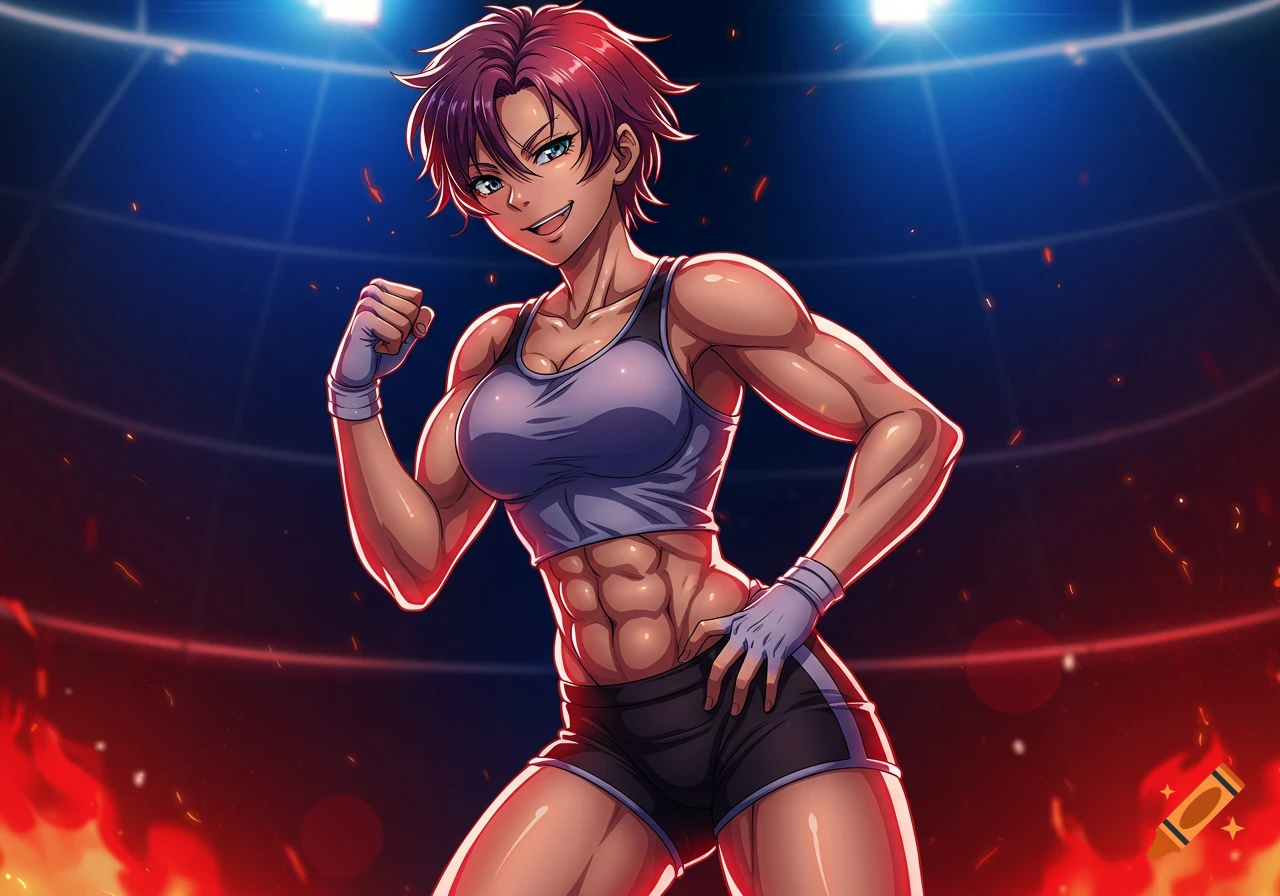 Anime-style female athlete with short red hair and strong muscles, wearing a sports bra and shorts, flexing in a stadium.