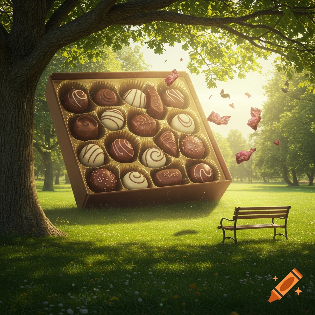 A giant open box of assorted chocolates sits in a sunny green park with a large tree on the left and a bench on the right, as pink petals fall around it. Photorealistic.