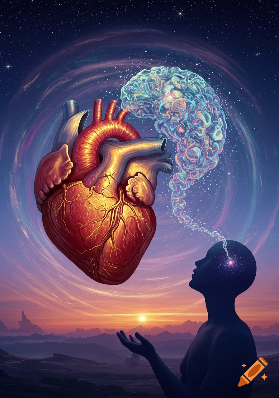 A surreal digital art depicting a glowing human heart, a luminous brain, and a person's silhouette against a cosmic sunset.