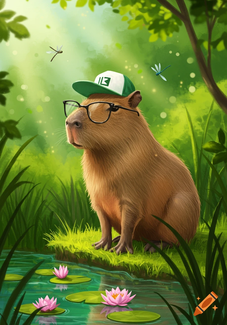 Cartoon capybara in glasses and a green baseball cap sits by a pond with pink water lilies in a lush forest.