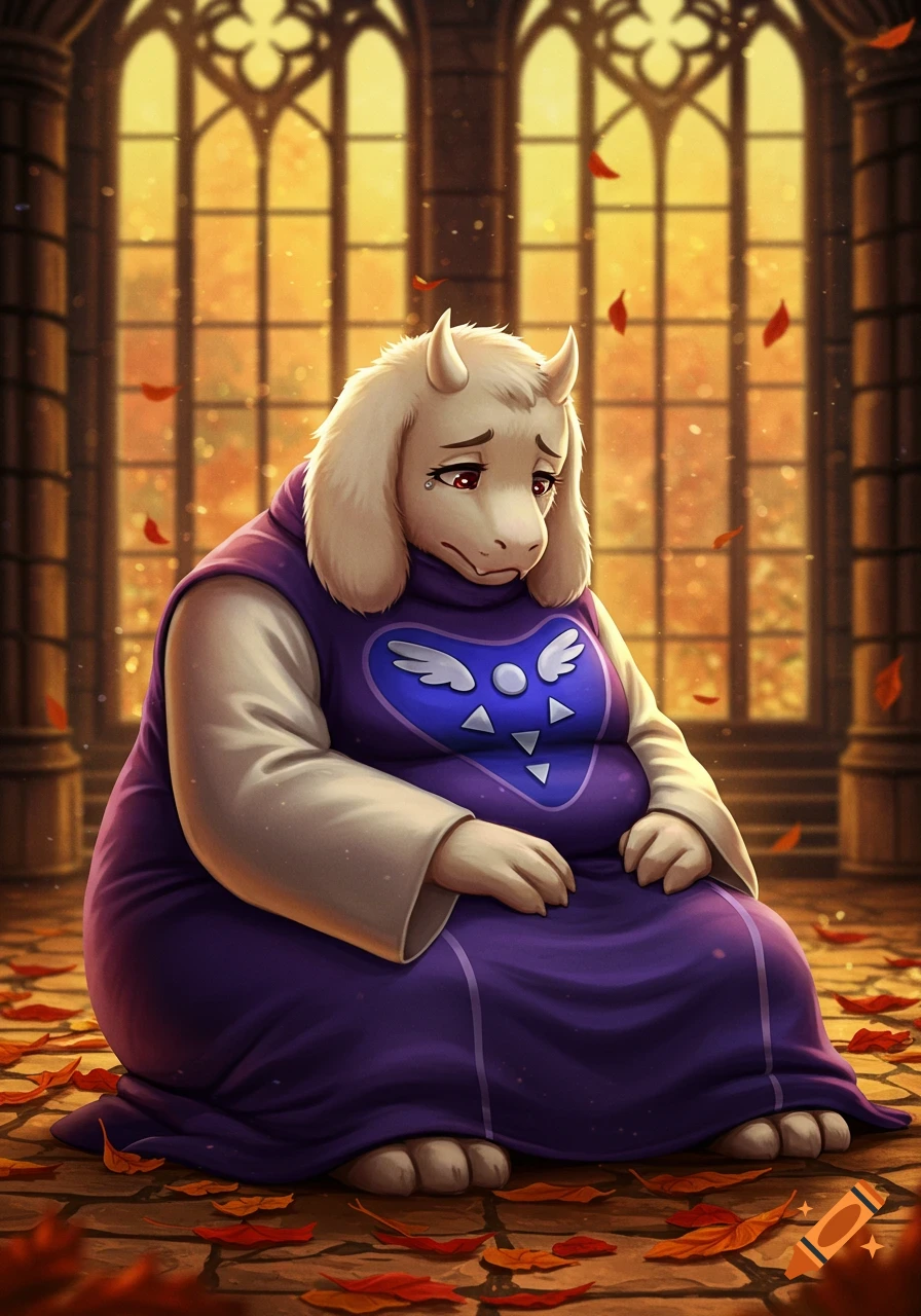 Sad, morbidly obese Toriel, a white anthropomorphic goat-like monster, sits in a purple robe with a blue emblem, surrounded by falling autumn leaves in a grand hall with stained glass windows, in a digital art style.