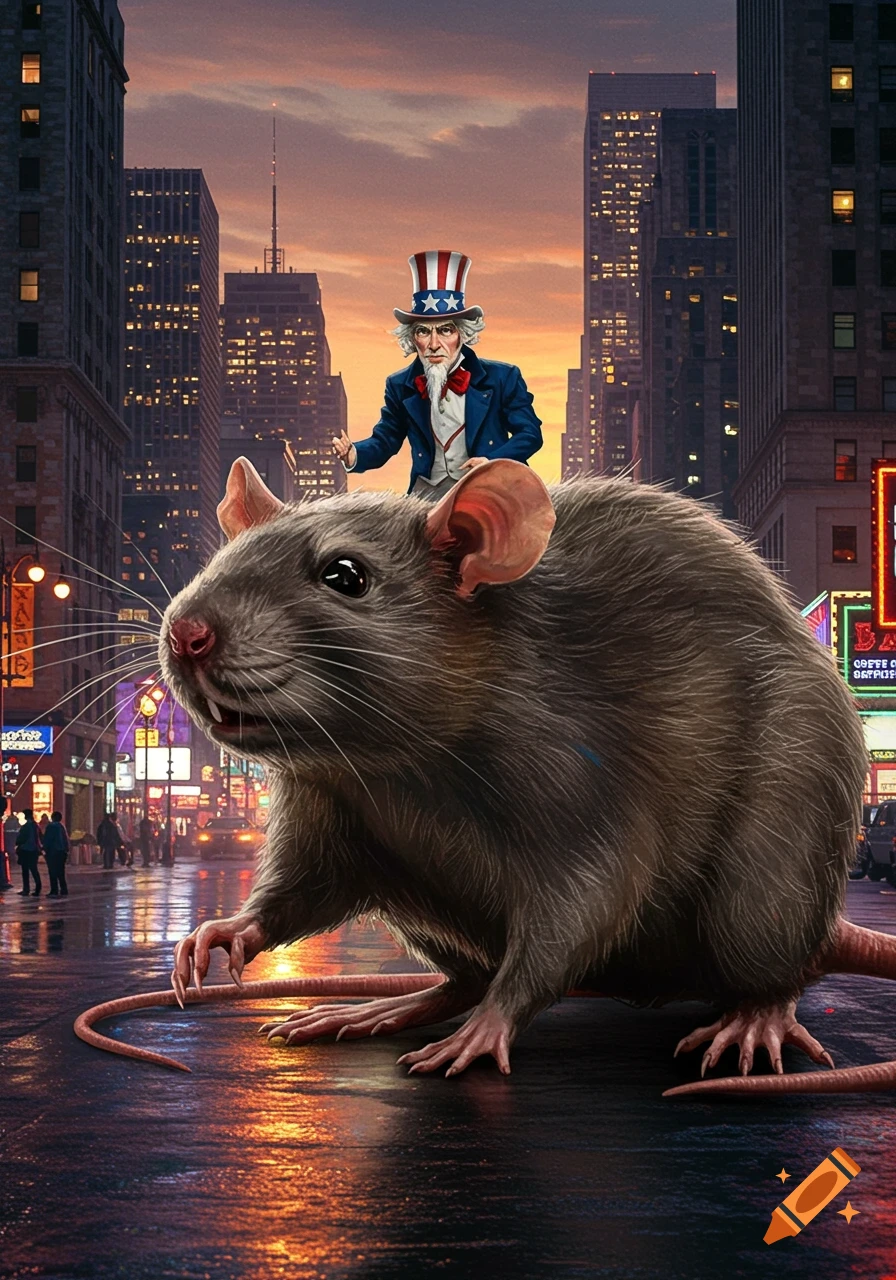 An illustration of Uncle Sam riding a giant rat on a wet city street at dusk, with glowing building lights in the background.