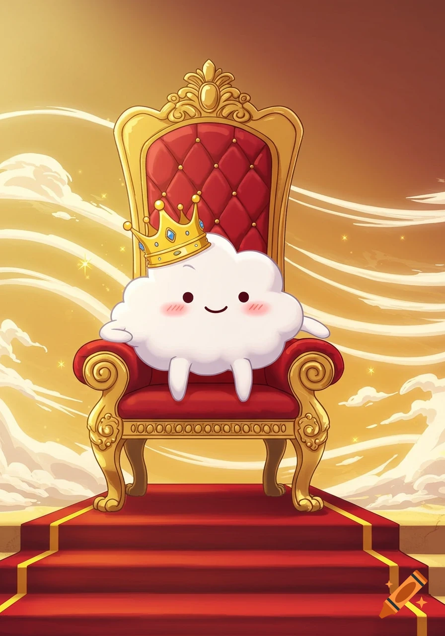 A cute, smiling white cloud with a golden crown sits on a grand red and gold king's throne, with golden swirling clouds behind.